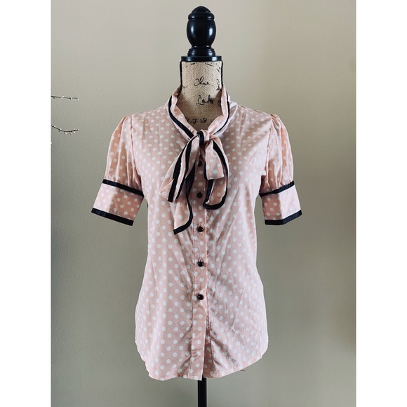 None Tops - VINTAGE PolkaDot Tie Neck Blouse